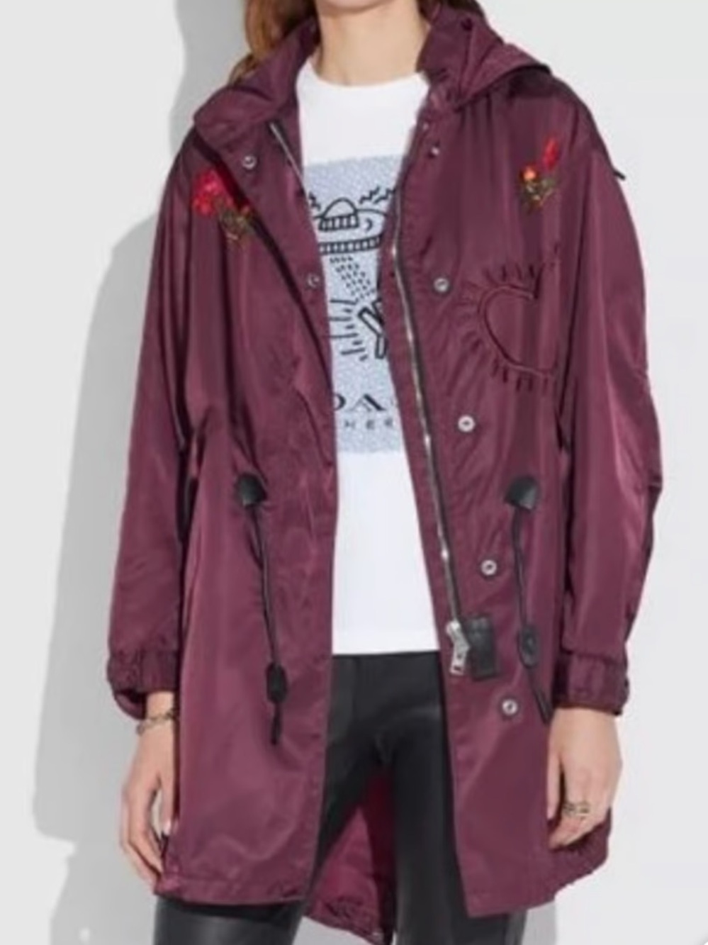 Keith Haring x Coach Jacket - Women’s Burgundy Embroidered Hooded Parka